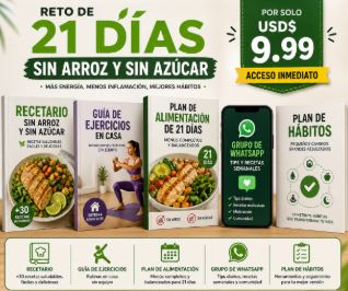 Contenido del pack: recetario, guía de ejercicios, plan de alimentación, grupo de WhatsApp y plan de hábitos
