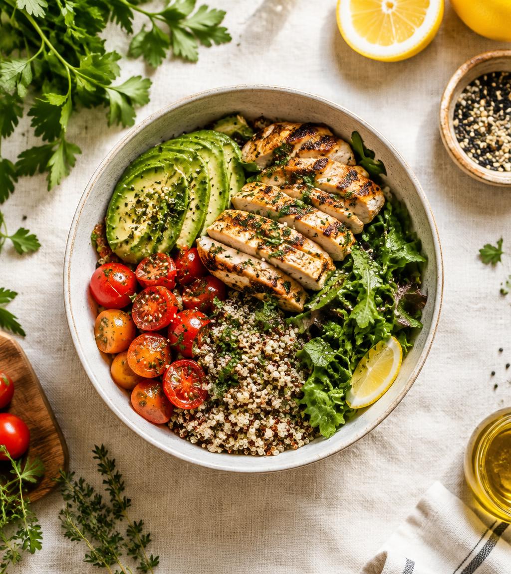 Bowl saludable con quinoa, aguacate, pollo y verduras frescas